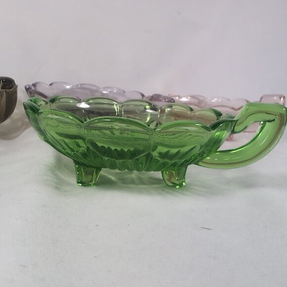 4 Set Depression Bowl Uranium Glass Pedestal Multicolor Black Green Pink Handle - Picture 5 of 15